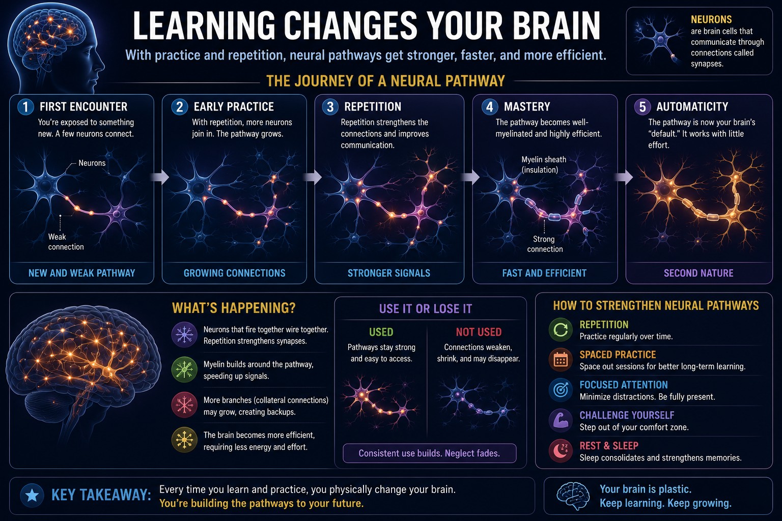 Learning changes your brain — neural pathways strengthen with practice.