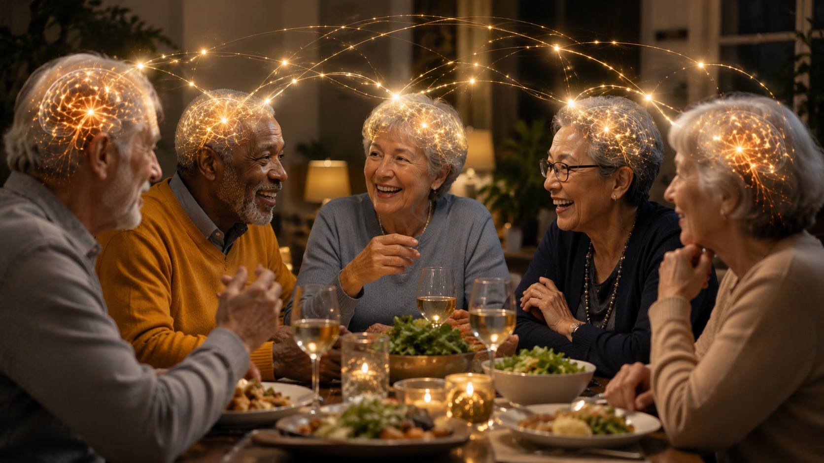 Diverse older adults having an animated conversation around a dinner table — subtle neural network visualizations connecting their heads, symbolizing social cognition.