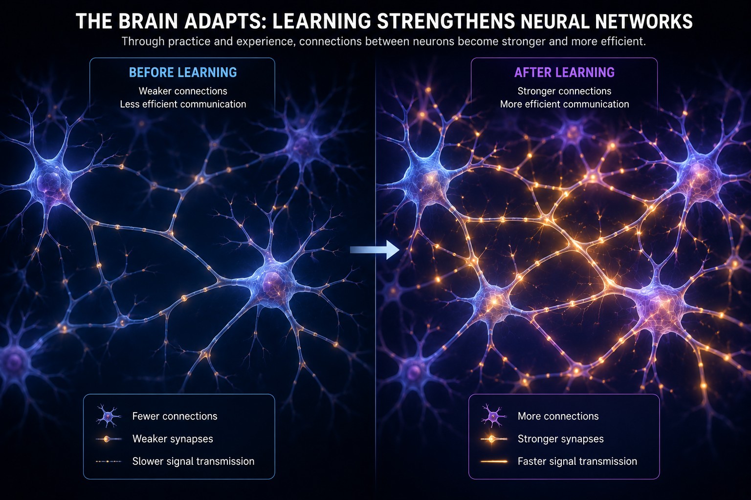Before and after learning — neural networks strengthen through practice.