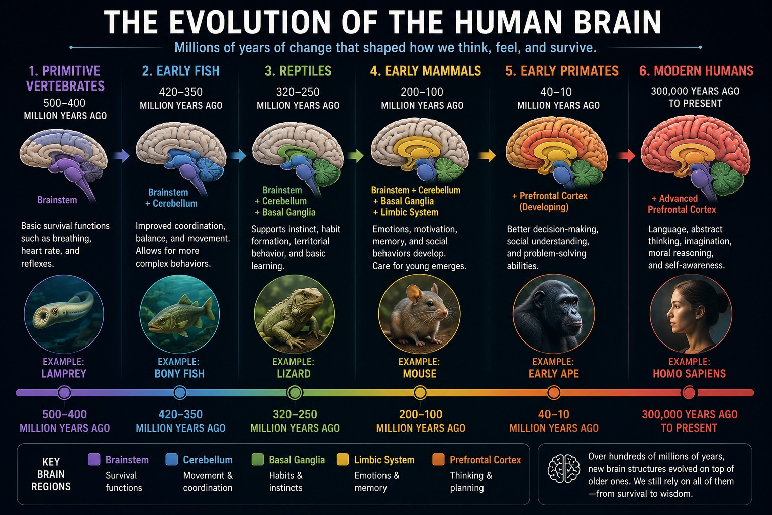 Evolutionary timeline of the human brain — from primitive vertebrates to modern humans.