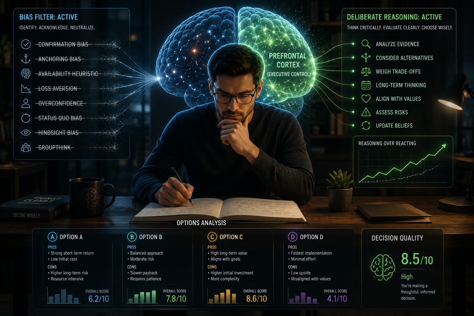 A person calmly reviewing multiple options at a desk while transparent overlays display cognitive biases fading away and the prefrontal cortex glowing brightly, symbolizing deliberate reasoning.