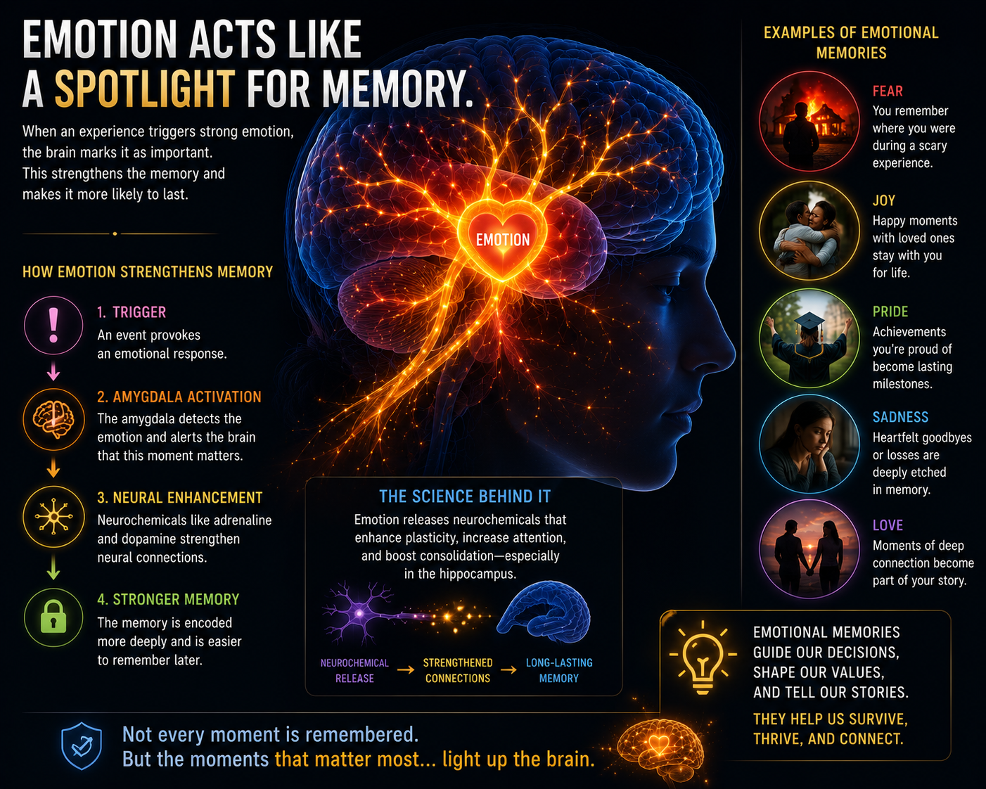 Emotion acts like a spotlight for memory — the amygdala lights up the moments that matter.
