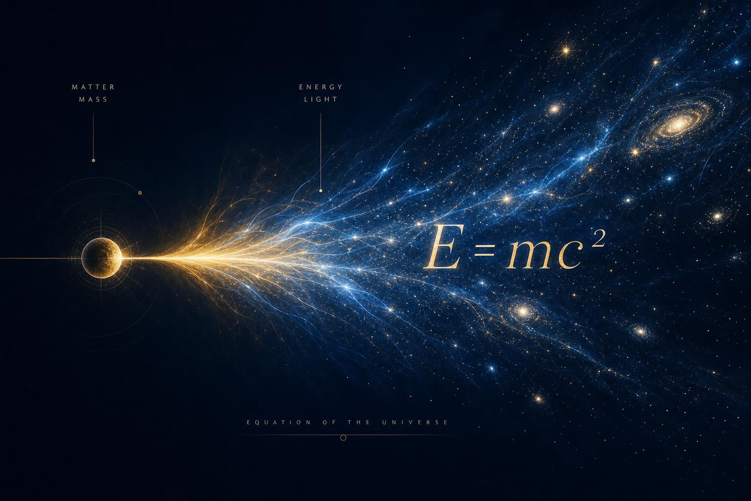 A grain of matter unfolding into vast streams of light and energy — a visual reading of E = mc².