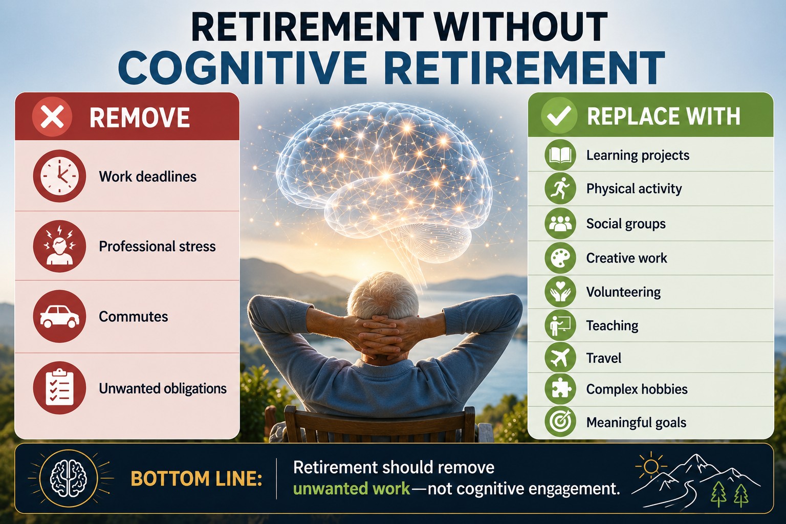 Retirement Without Cognitive Retirement — remove deadlines and unwanted obligations, replace with learning, physical activity, creative work, teaching, travel and complex hobbies.