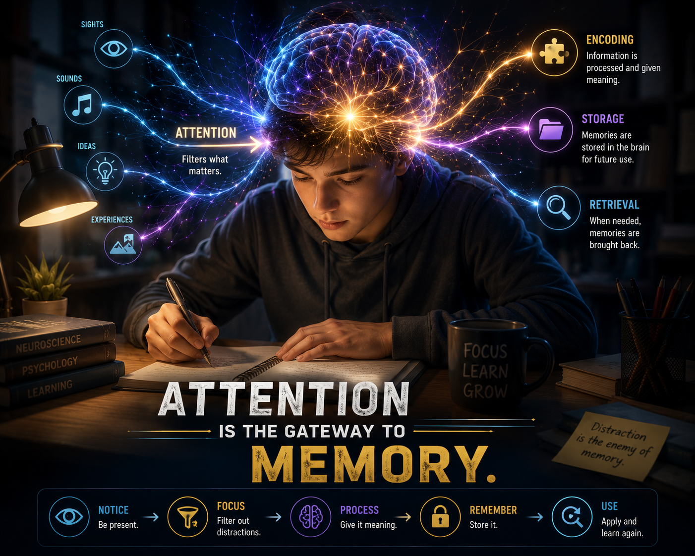 Attention is the gateway to memory — a focused mind filters what matters.