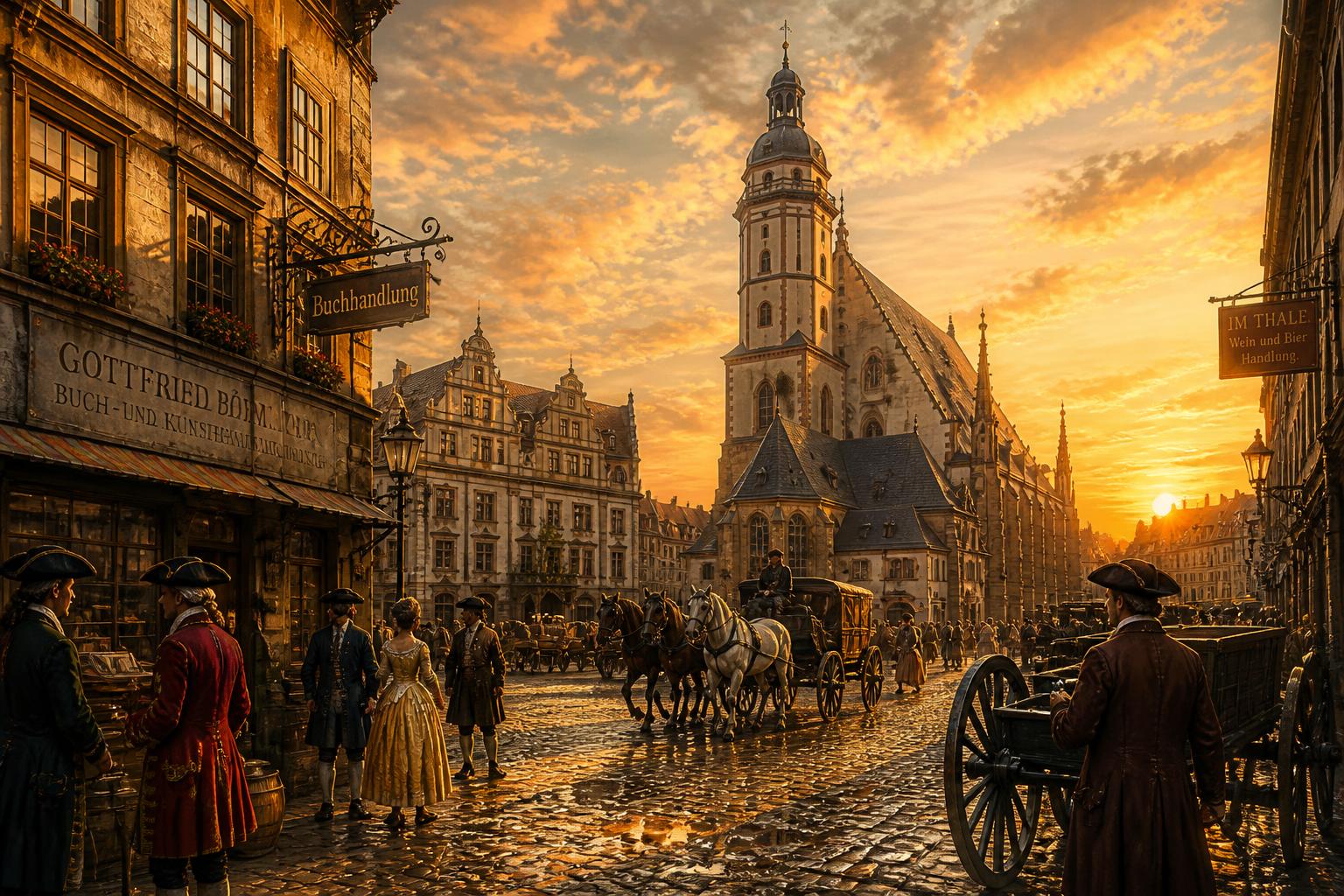 Baroque Leipzig at golden hour, with the tall spire of the Thomaskirche where Bach worked as Kantor for 27 years.
