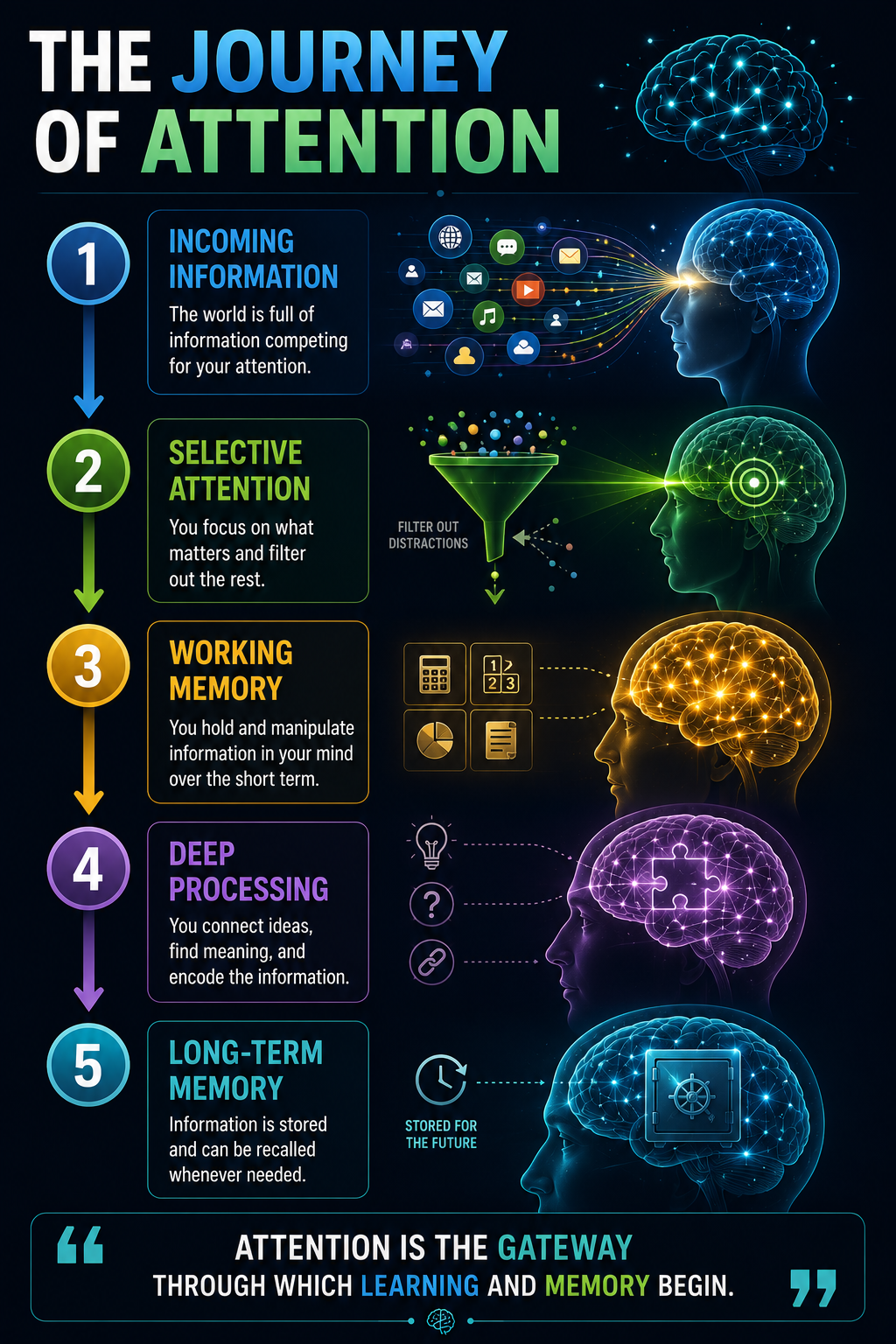 The Journey of Attention — from incoming information to selective attention, working memory, deep processing and long-term memory.