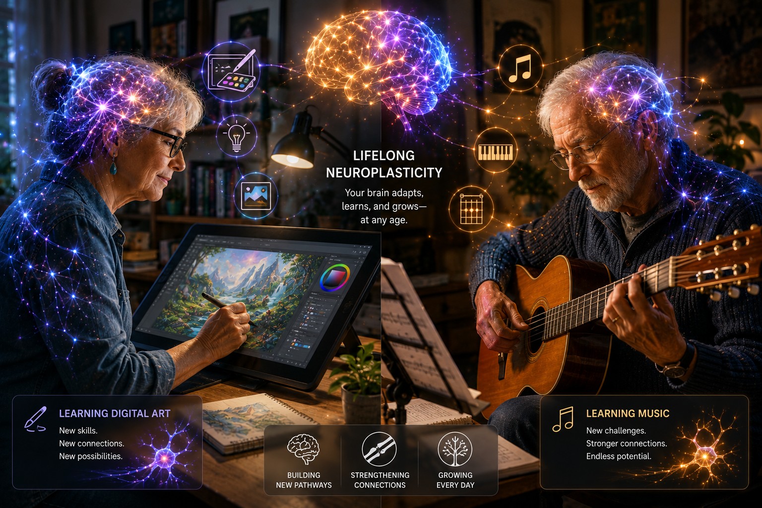 A split-scene showing an older adult learning digital illustration while another learns a musical instrument — lifelong adaptability.