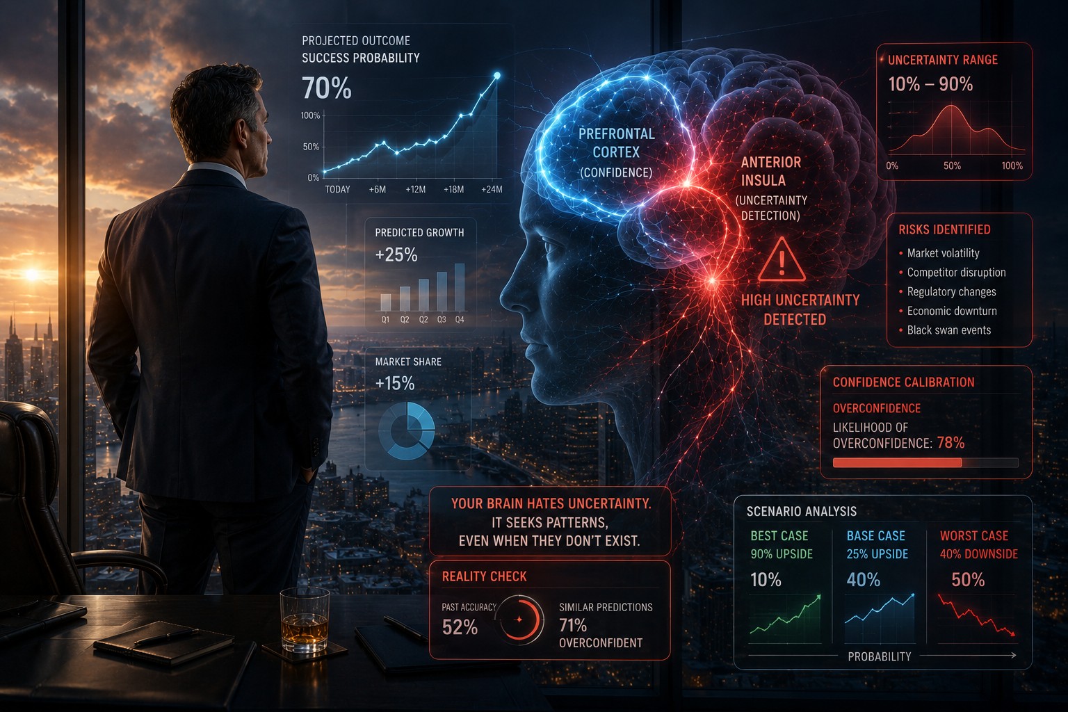 A confident executive overlooking a city while transparent probability charts and neural warning signals reveal hidden uncertainty around their predictions.