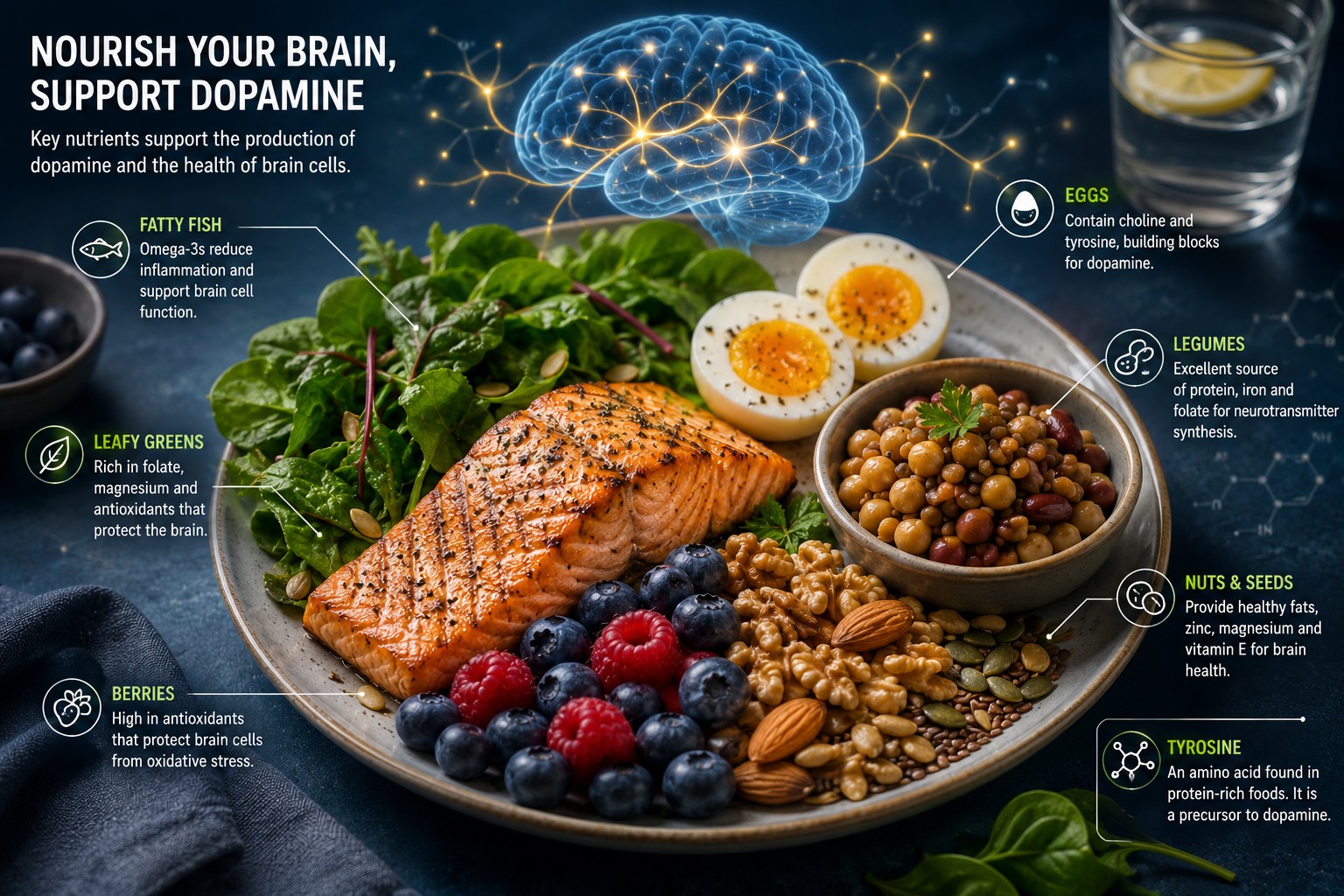 A balanced meal featuring fish, eggs, legumes, leafy greens, berries and nuts — the dietary foundation for healthy neurotransmitter production.