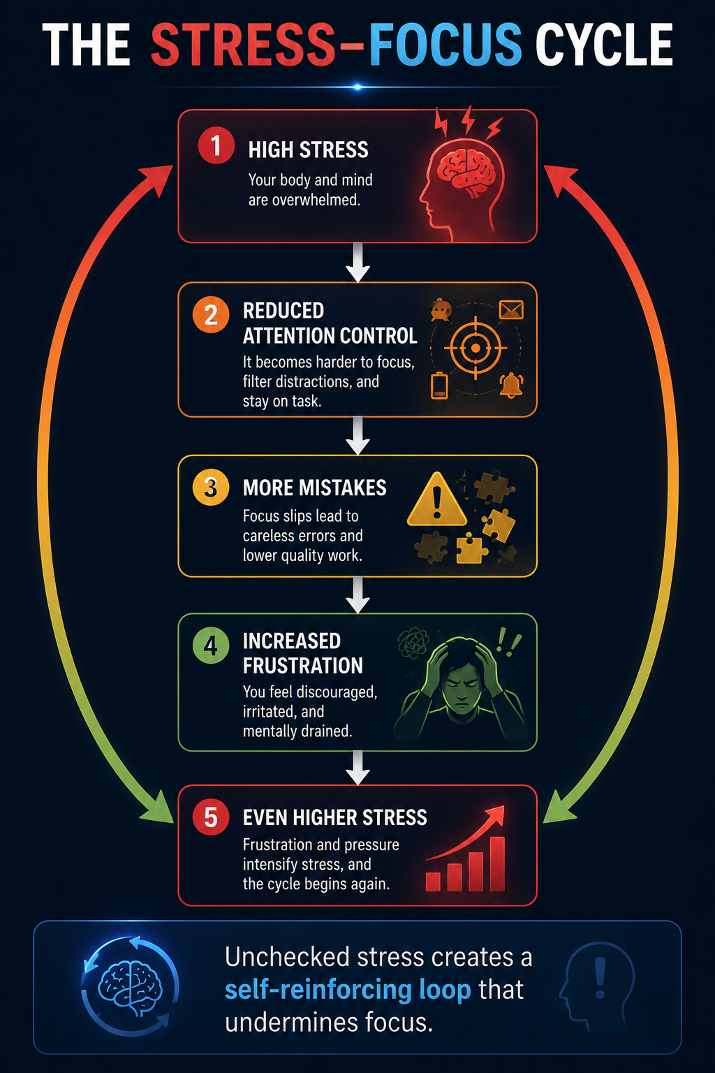 The Stress-Focus Cycle — high stress reduces attention control, leading to mistakes, frustration and even higher stress.