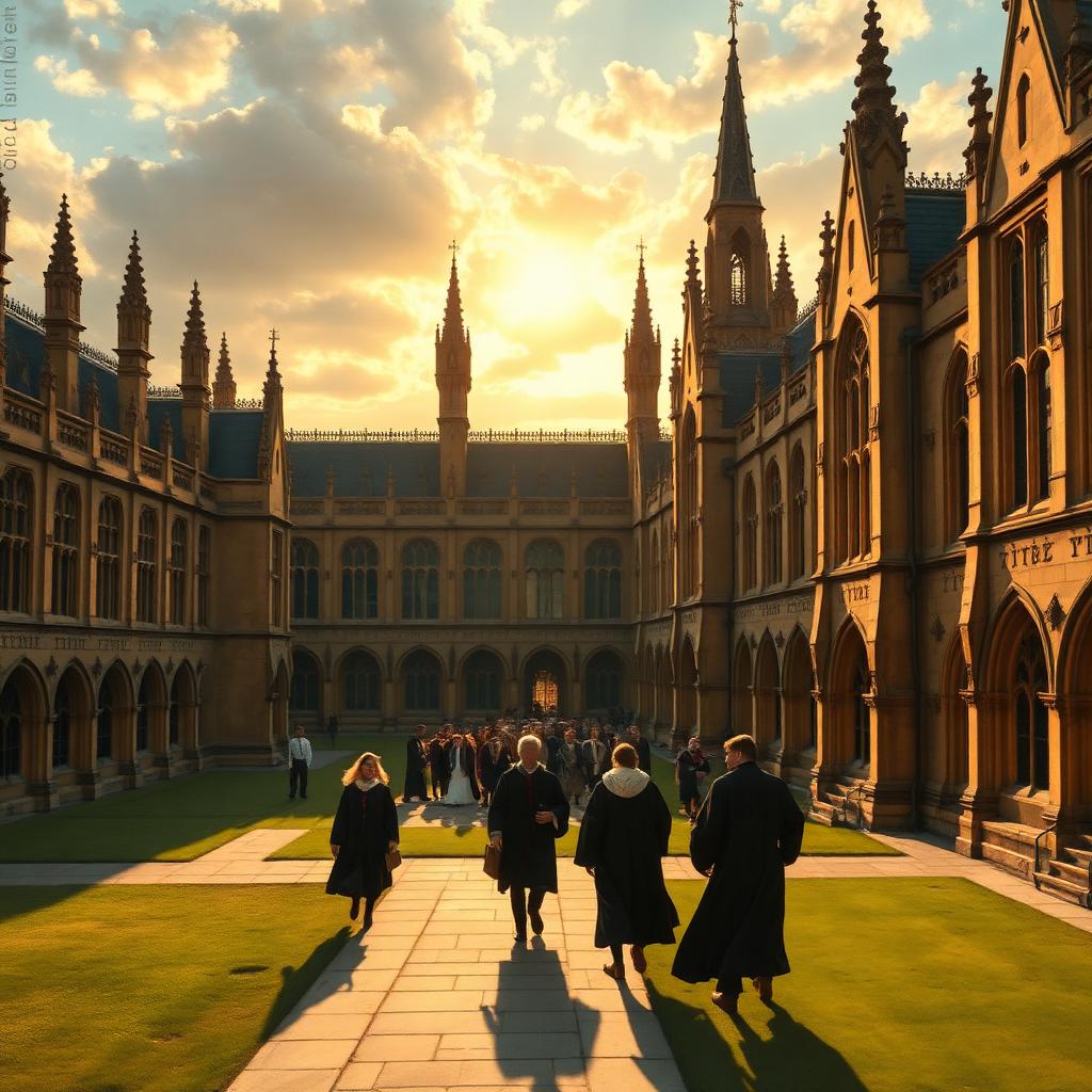 Trinity College, Cambridge in the 17th century at golden hour — gothic spires and students in academic robes crossing the quadrangle.