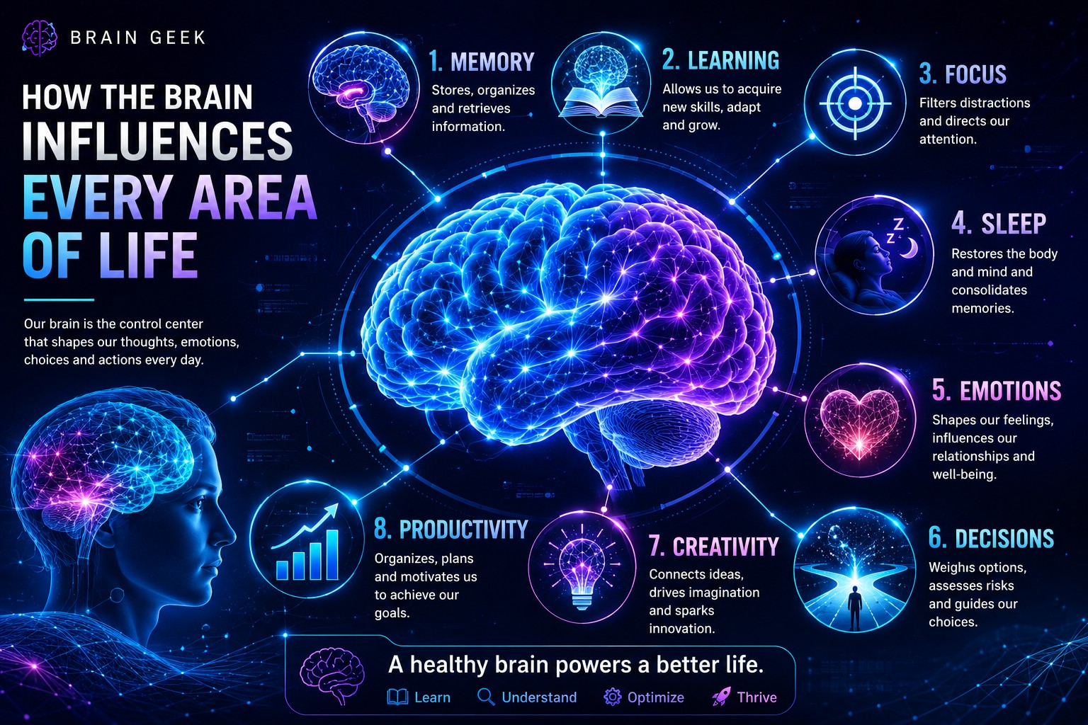 How the brain influences every area of life — memory, learning, focus, sleep, emotions, decisions, creativity, productivity.
