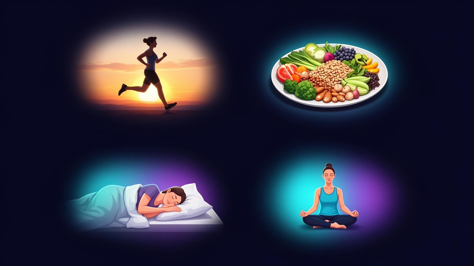 Healthy habits that support dopamine regulation: exercise, nutrition, restorative sleep and mindful attention.