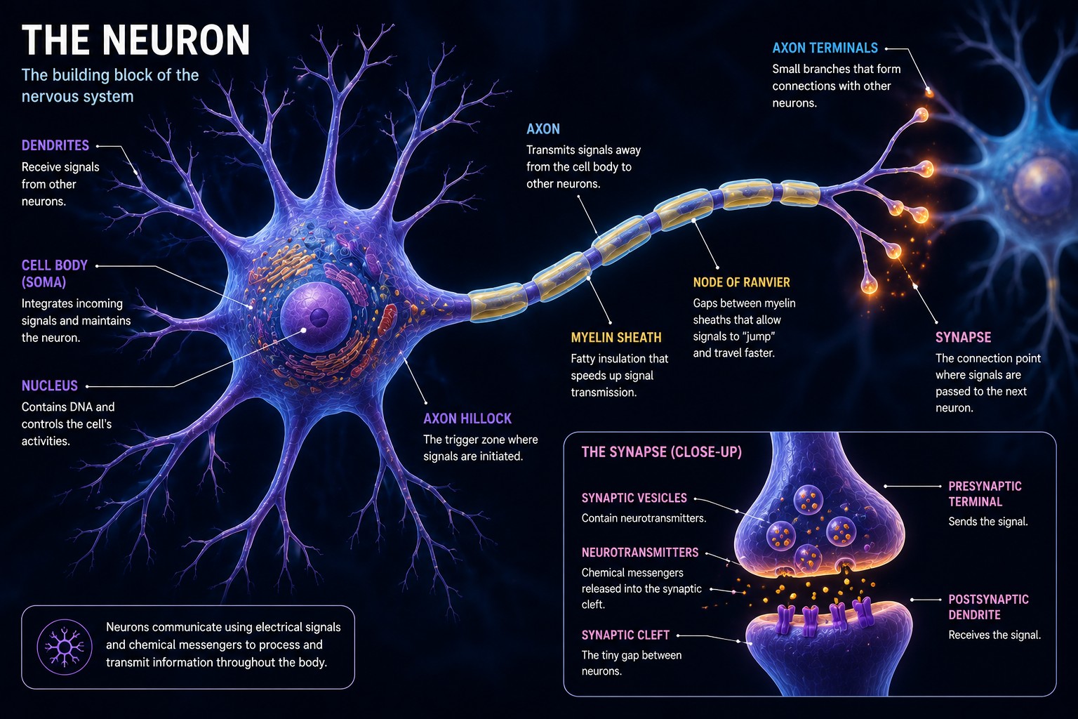 A fully labeled neuron — dendrites, cell body, axon, and synapse.