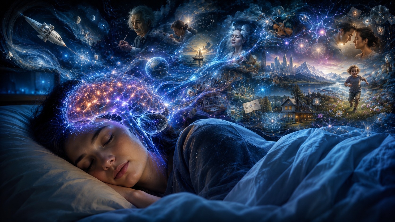A sleeping person surrounded by floating memories, symbols, faces and landscapes as the glowing brain forms new neural connections during REM sleep.