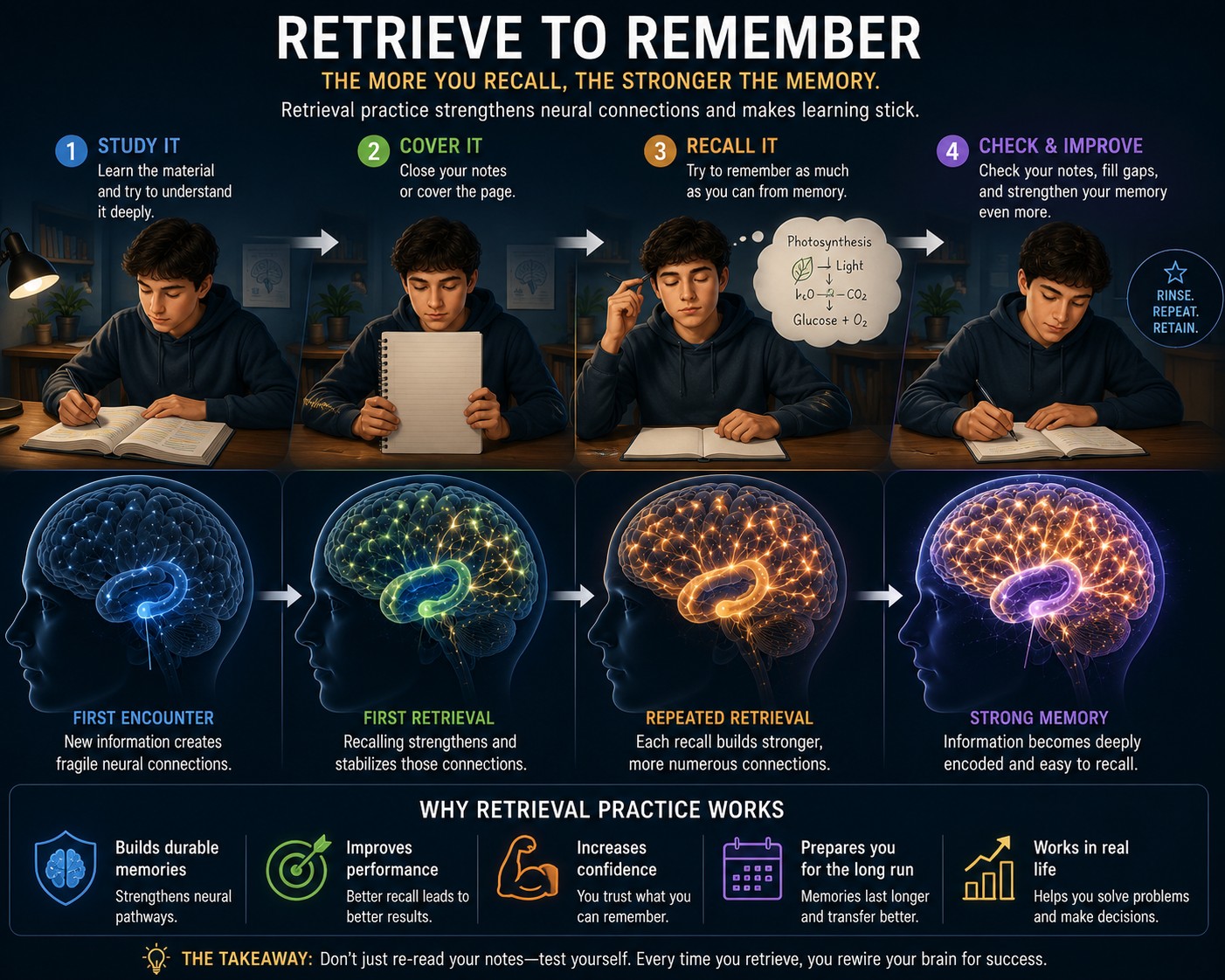Retrieve to remember — the more you recall, the stronger the memory. Retrieval practice strengthens neural connections.