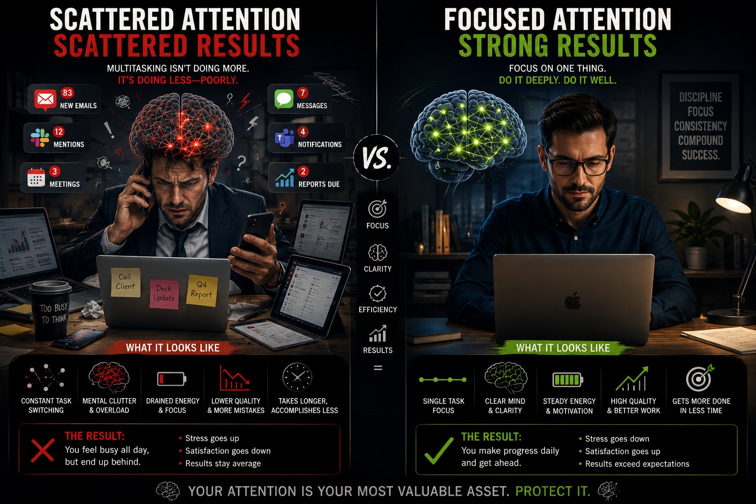 A stressed office worker juggling multiple devices with scattered neural pathways on the left, and a calm professional working on a single task with organized, glowing brain connections on the right.