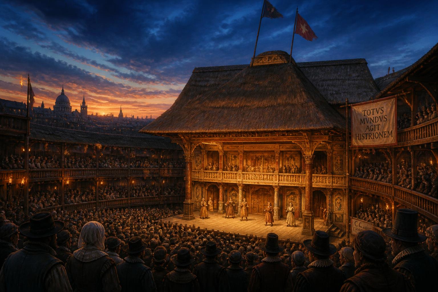 The Globe Theatre on the south bank of the Thames at twilight, packed with Elizabethan playgoers — the home of Shakespeare's company from 1599.