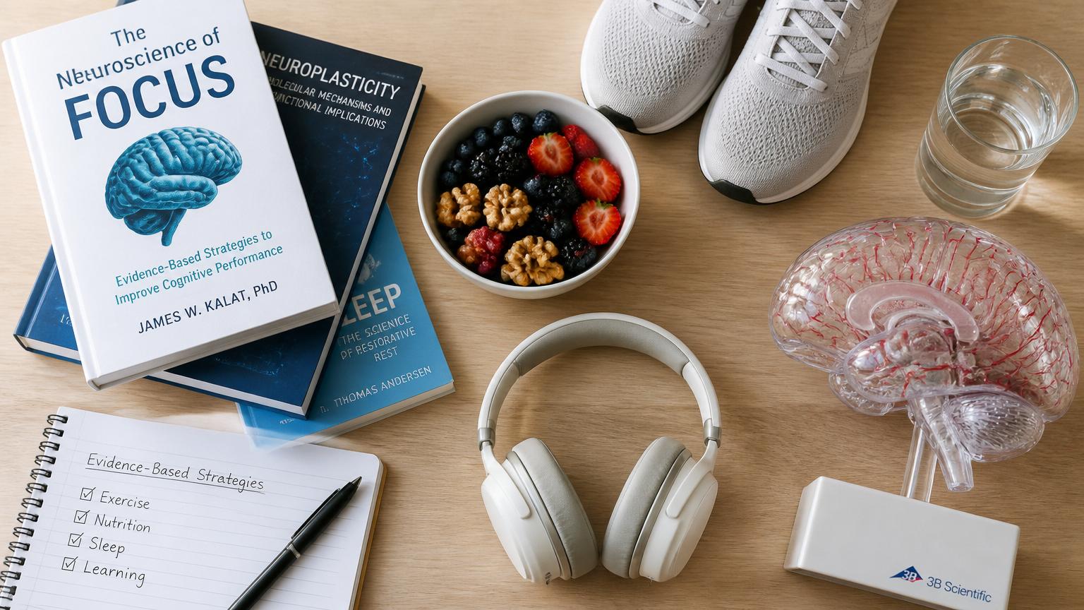 Evidence-based brain optimization — books, nutrition, exercise, sleep and headphones on a workspace.