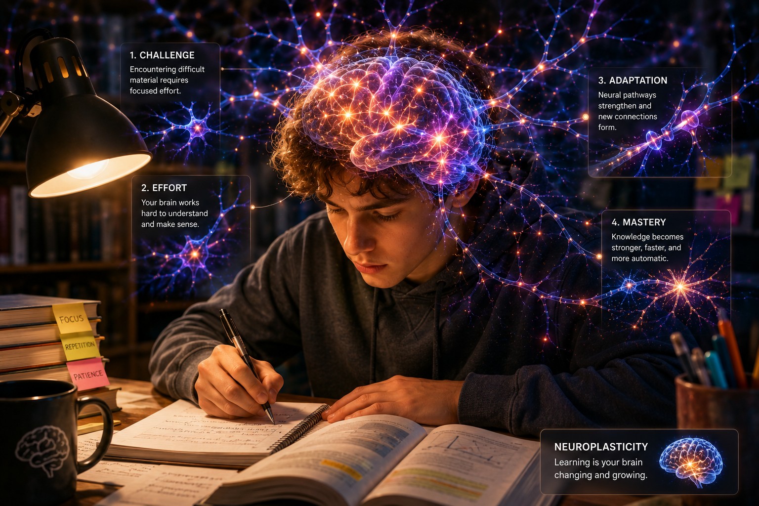 A student practicing difficult material while neural pathways visibly strengthen and expand around the brain — learning through challenge.
