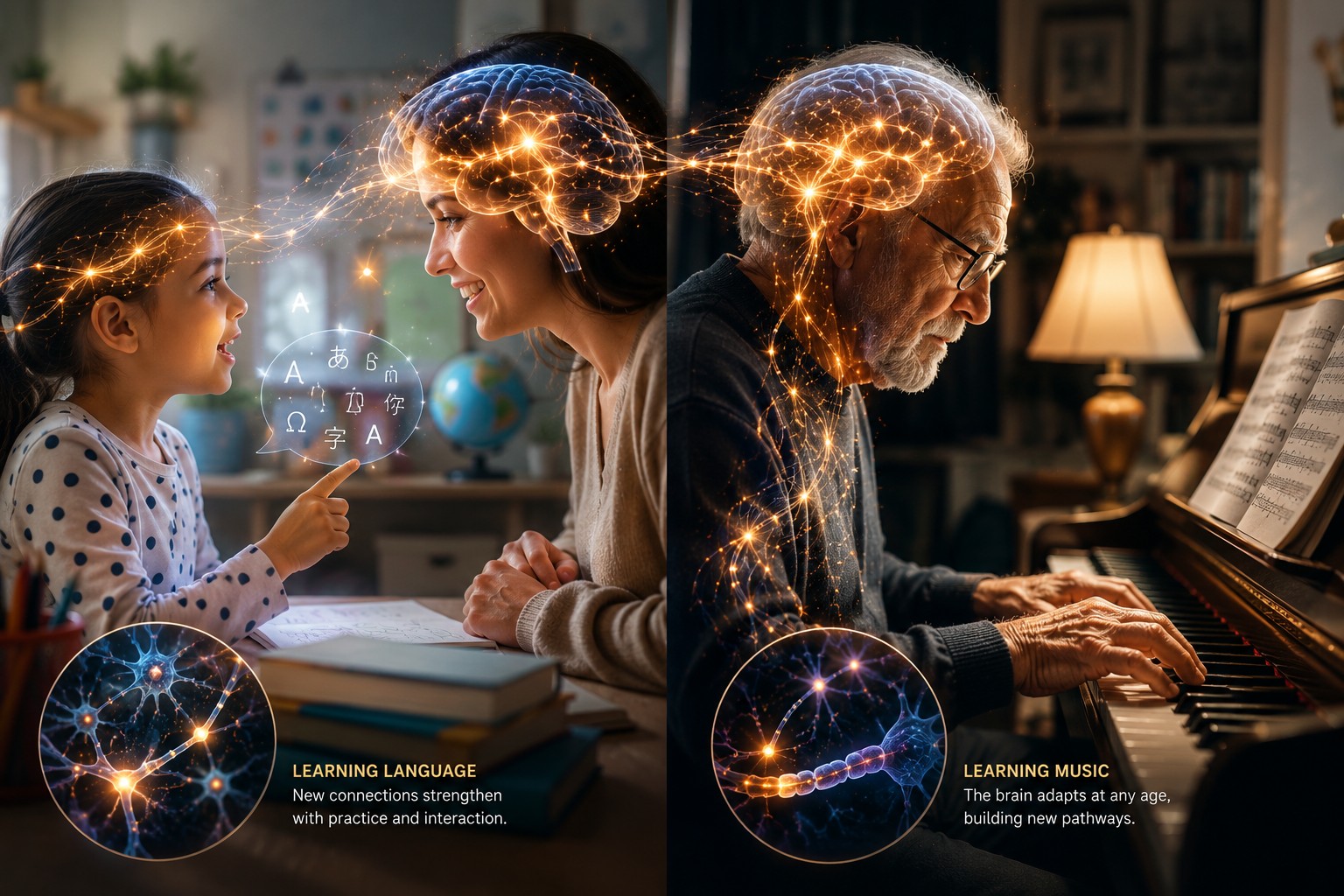 A split-scene showing a child learning language and an older adult learning to play the piano — both with glowing neural pathways symbolizing lifelong neuroplasticity.