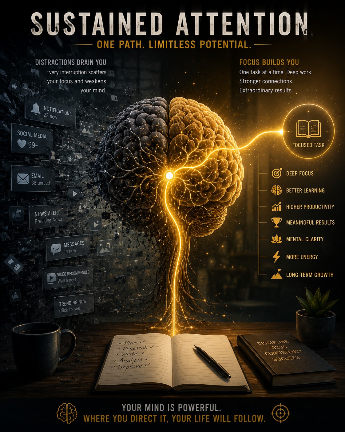A stylized brain with a single illuminated pathway connecting to one focused task while numerous faded distractions dissolve into the background — sustained attention, one path, limitless potential.