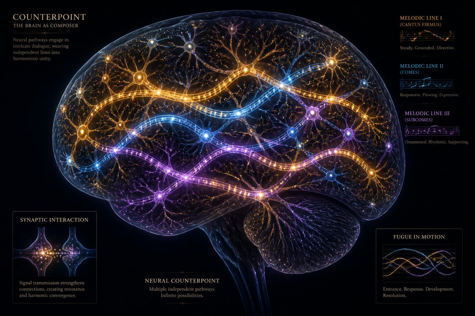 Counterpoint visualised as multiple glowing neural pathways weaving through a human brain, an editorial illustration of music as cognitive architecture.