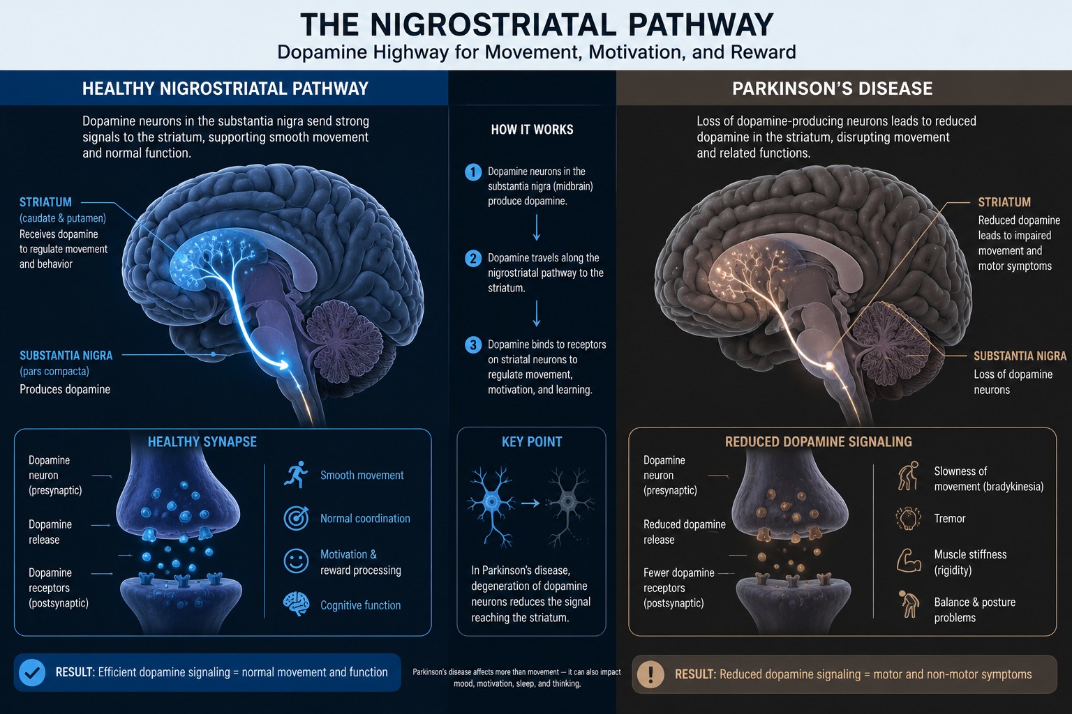 Healthy nigrostriatal pathway compared with reduced dopamine signaling in Parkinson's disease.