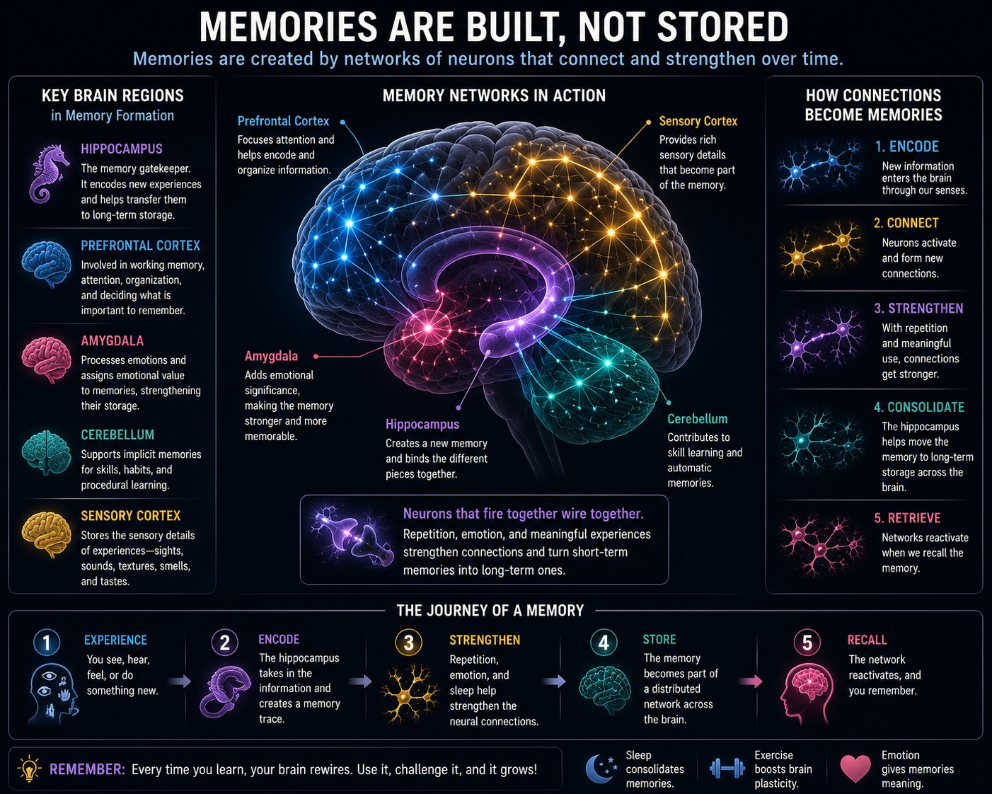 Memories are built, not stored — networks of neurons that connect and strengthen.