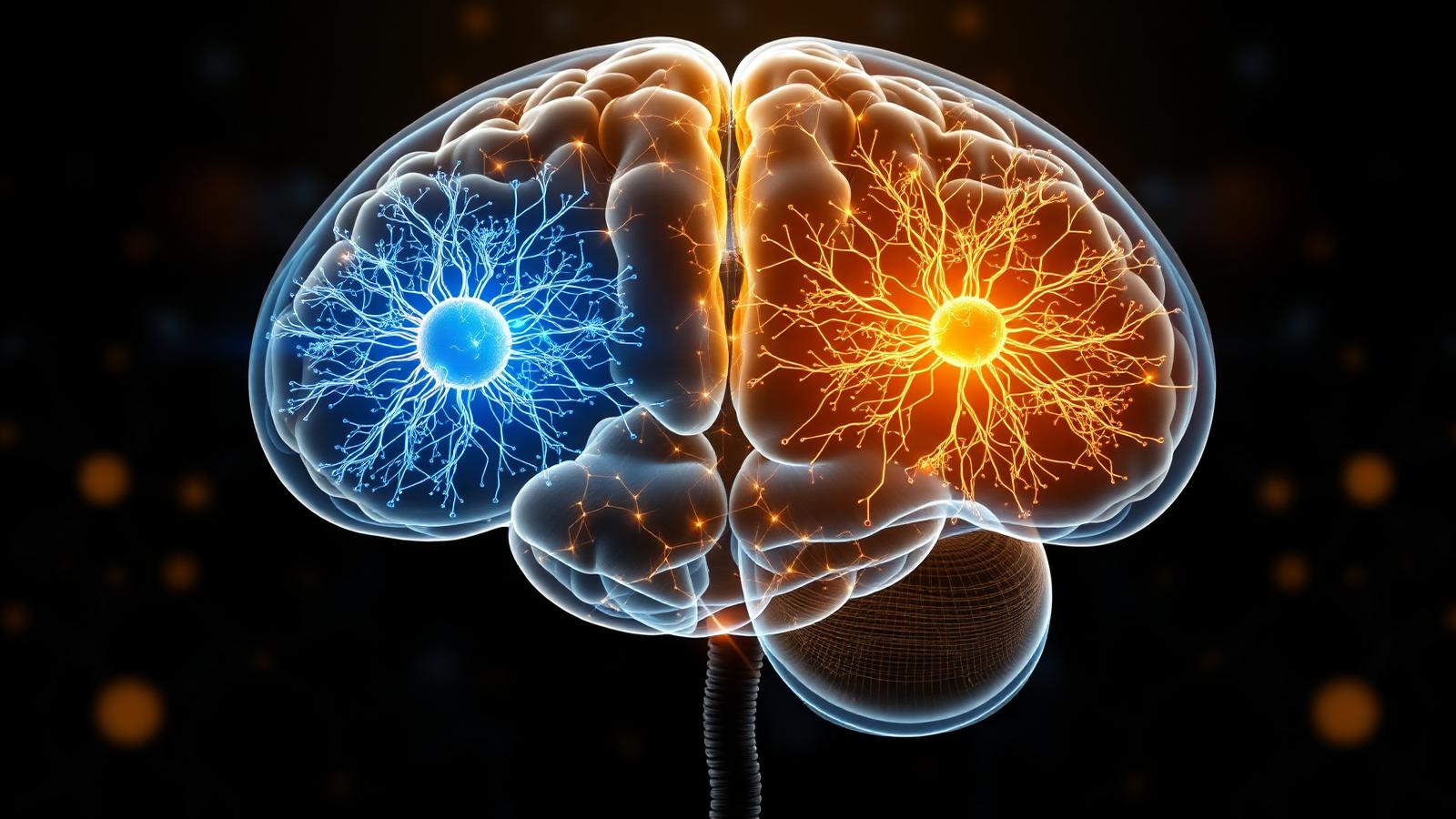 Two hemispheres of a semi-transparent brain — one glowing cool blue (inhibitory GABA activity) and one glowing warm gold (excitatory glutamate activity) — illustrating the balance that allows stable cognition.