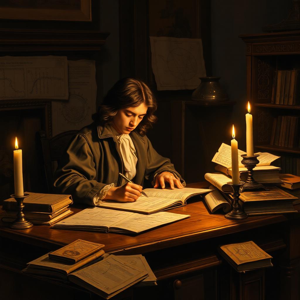 Young Isaac Newton studying alone by candlelight at a wooden desk piled with manuscripts, books and geometric diagrams.