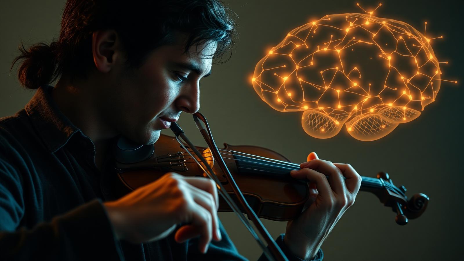 An adult playing violin while a glowing brain shows strengthening synaptic connections — glutamate-driven plasticity underlying learning and memory.