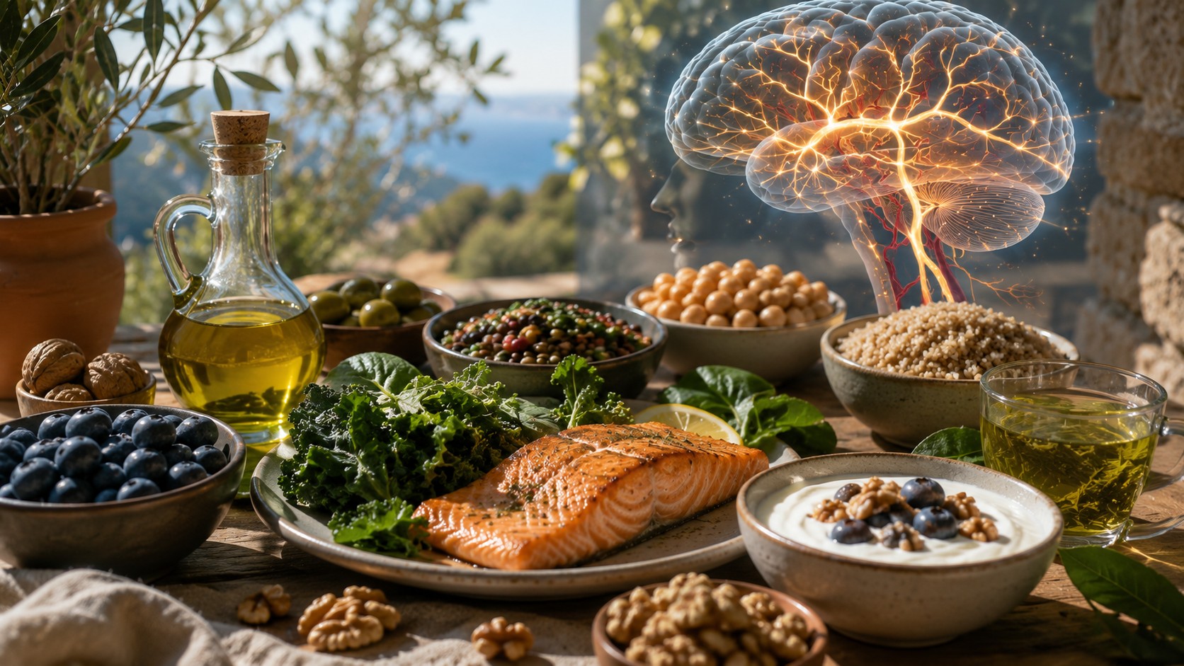 A Mediterranean-style table with salmon, leafy greens, blueberries, walnuts, legumes, whole grains, olive oil, yogurt and green tea — supporting metabolic and vascular brain health.