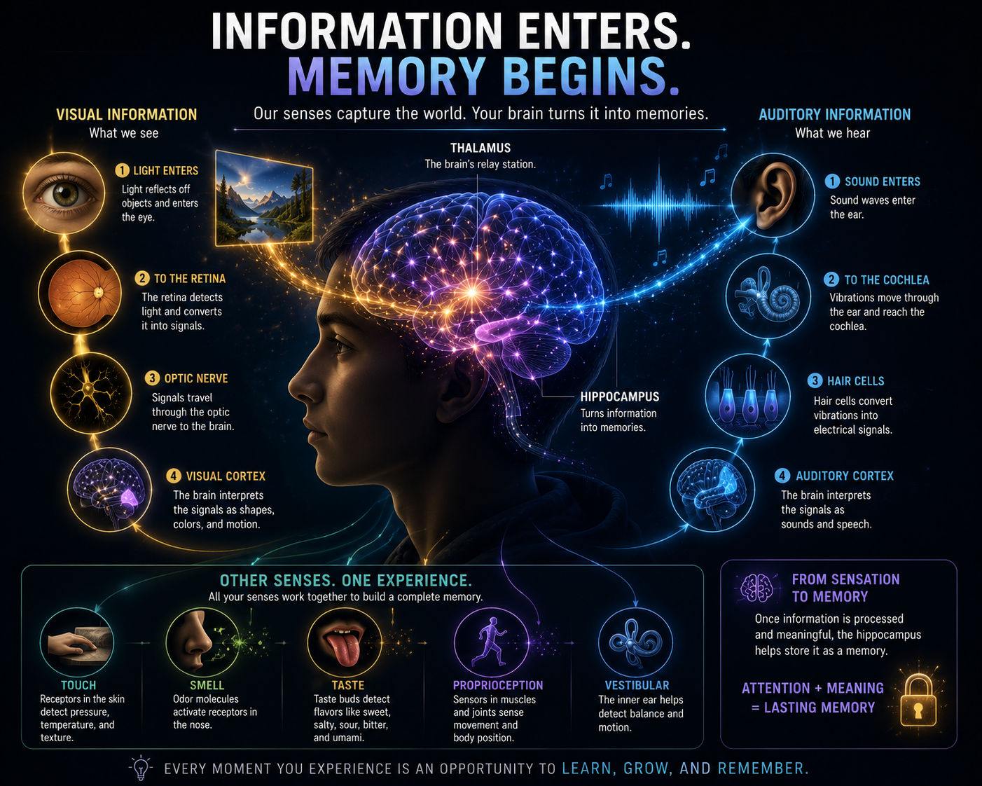 Sensory memory — visual and auditory information entering the brain through the senses.