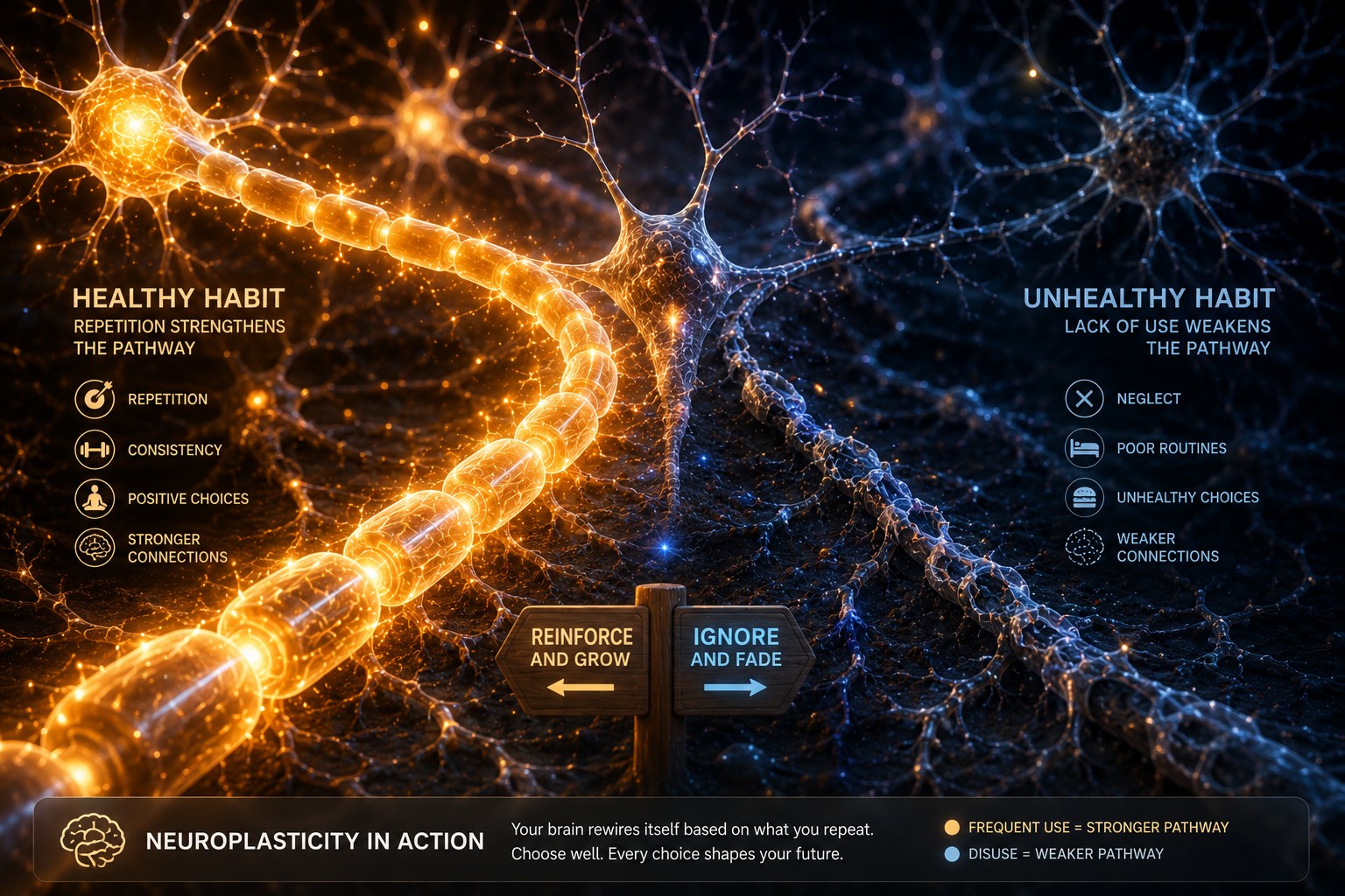 Two competing neural pathways: a healthy habit growing brighter through repetition while an unhealthy one fades through disuse.
