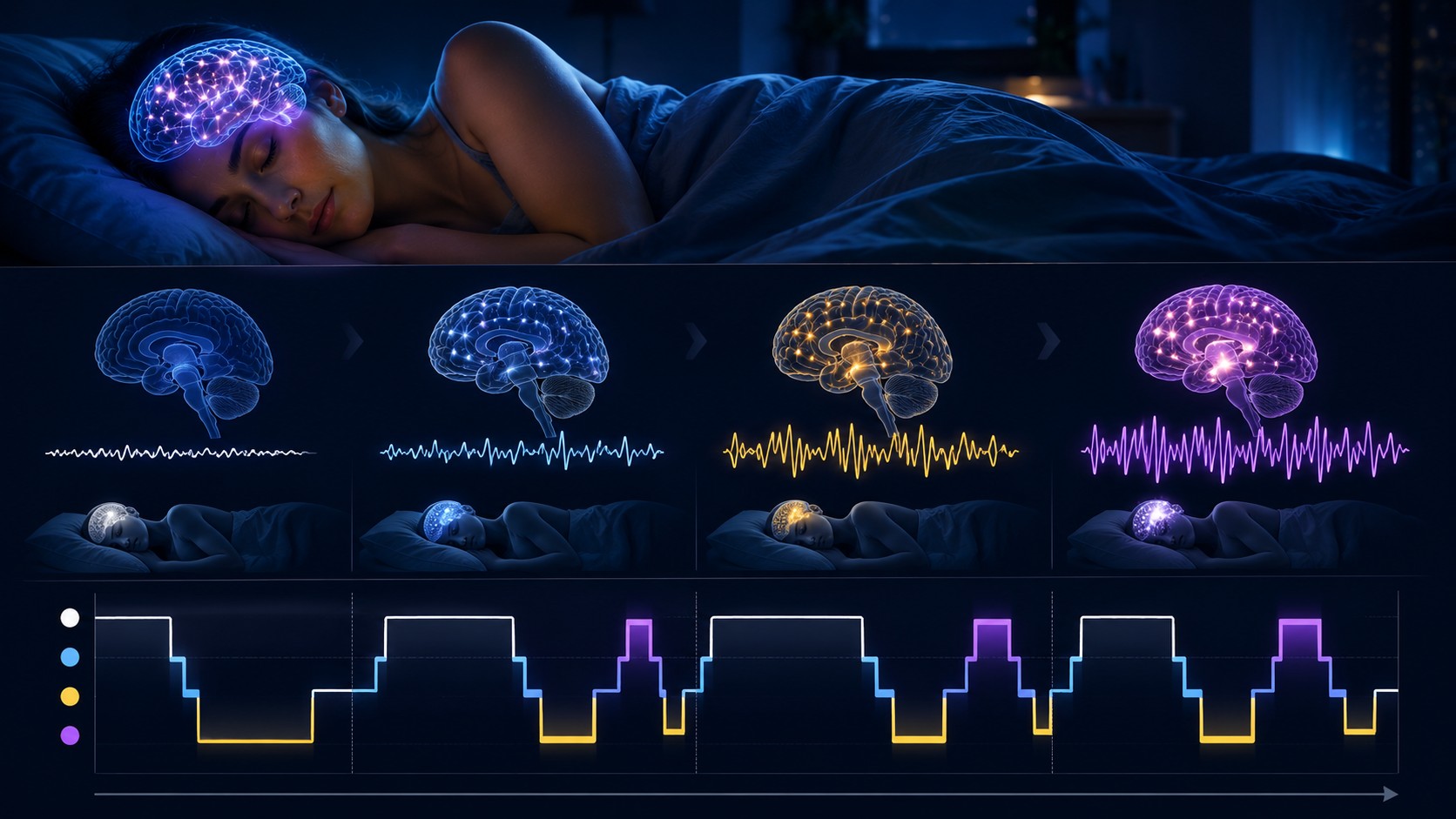 The four major stages of sleep progressing through repeating nighttime cycles — a stylized hypnogram of brain activity through the night.