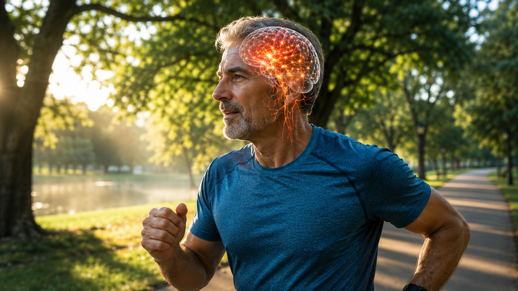 An older adult performing brisk aerobic exercise in a green park while enhanced blood flow and active neural networks illuminate the brain.