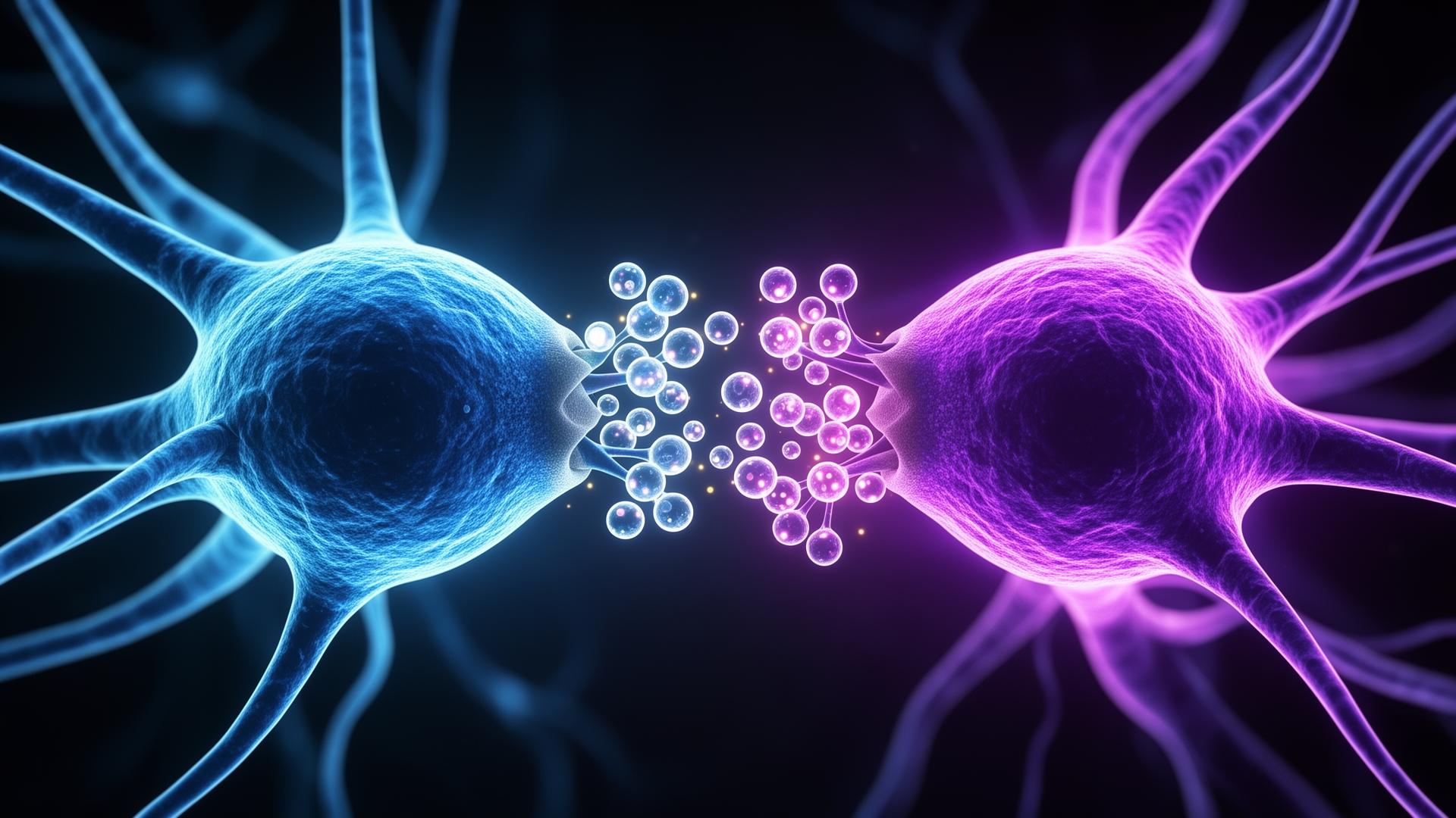 Two neurons communicating across a synapse via dopamine molecules — the chemical foundation of motivation and learning.
