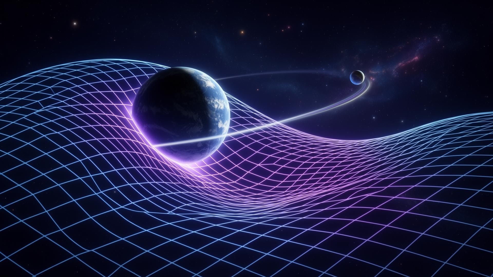 A glowing grid of space-time curved around a planet — the geometry at the heart of general relativity.