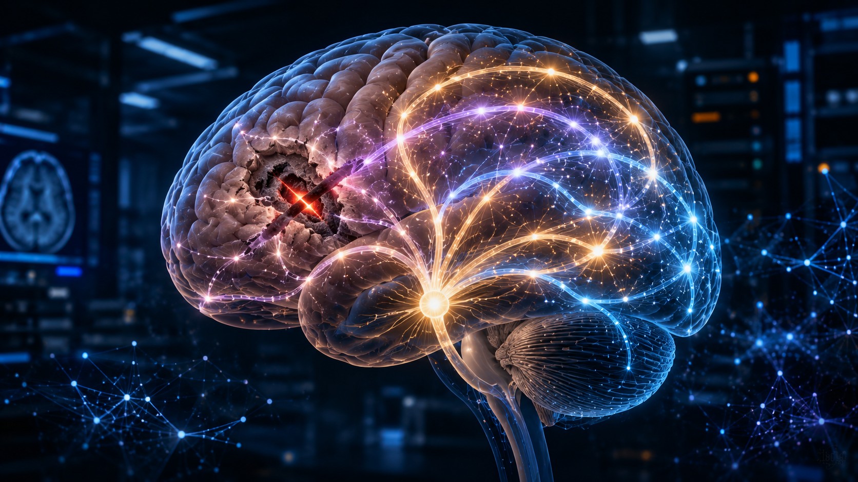 A human brain solving a problem through multiple neural routes — alternative glowing pathways activating around a blocked or weakened connection.