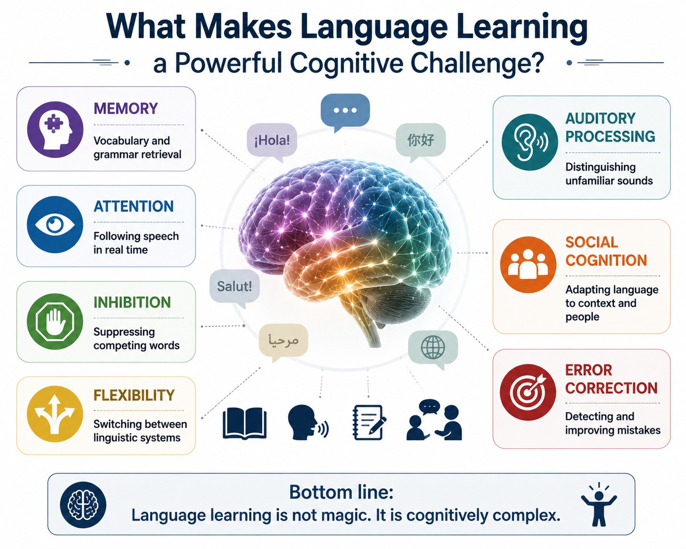 What makes language learning a powerful cognitive challenge — memory, attention, inhibition, flexibility, auditory processing, social cognition and error correction.