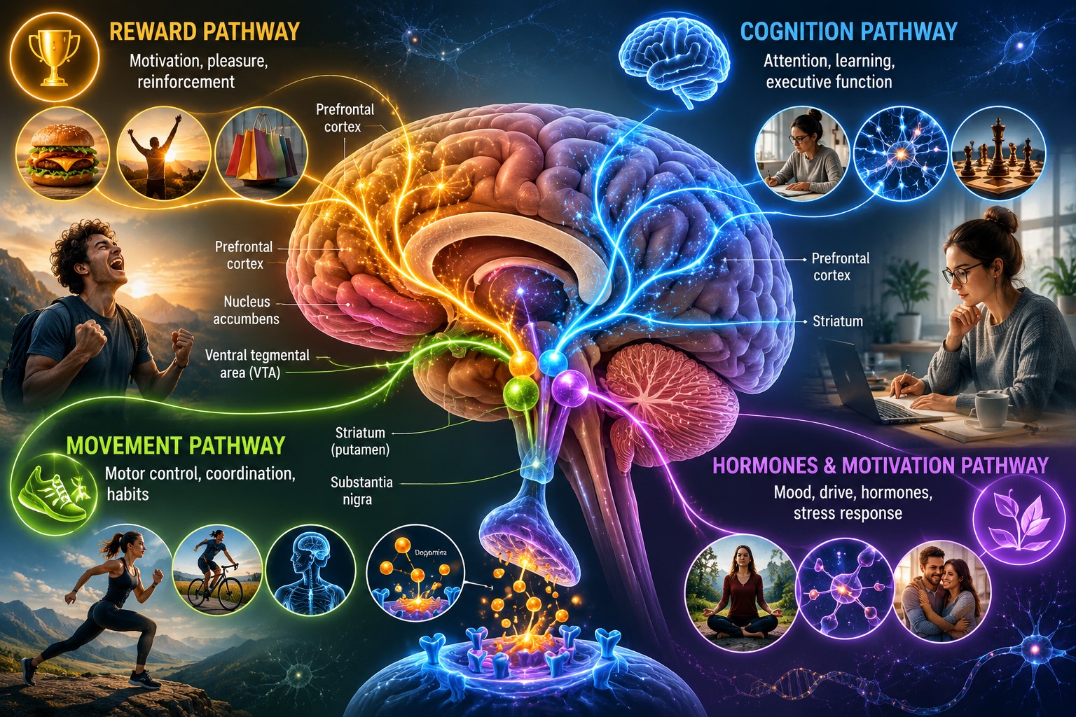 The four major dopamine pathways mapped onto the brain: reward (mesolimbic), cognition (mesocortical), movement (nigrostriatal) and hormones (tuberoinfundibular).
