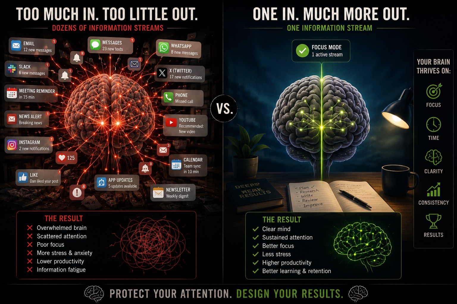 A brain receiving dozens of incoming notifications compared with the same brain operating with only one active information stream.