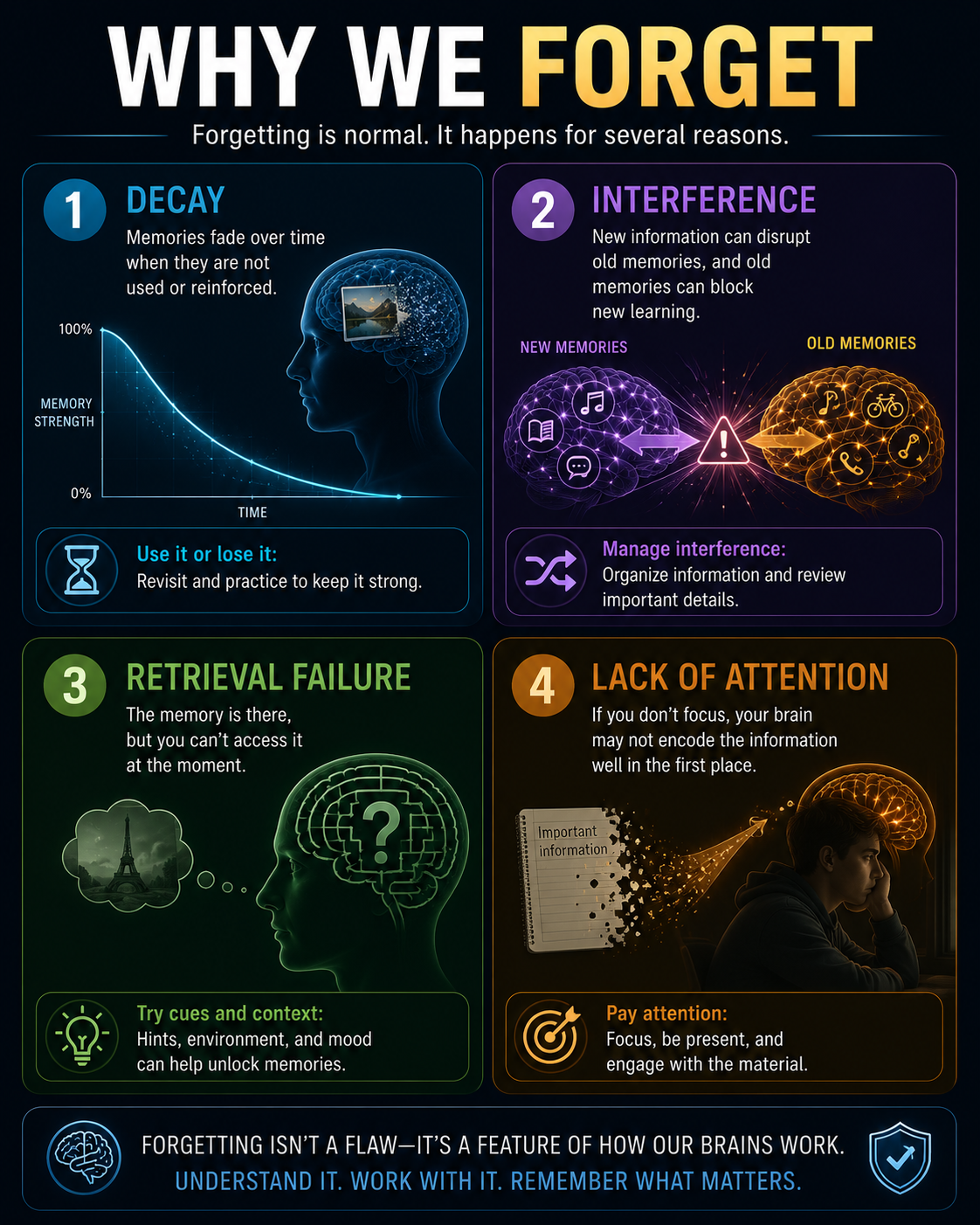 Why We Forget — decay, interference, retrieval failure and lack of attention.