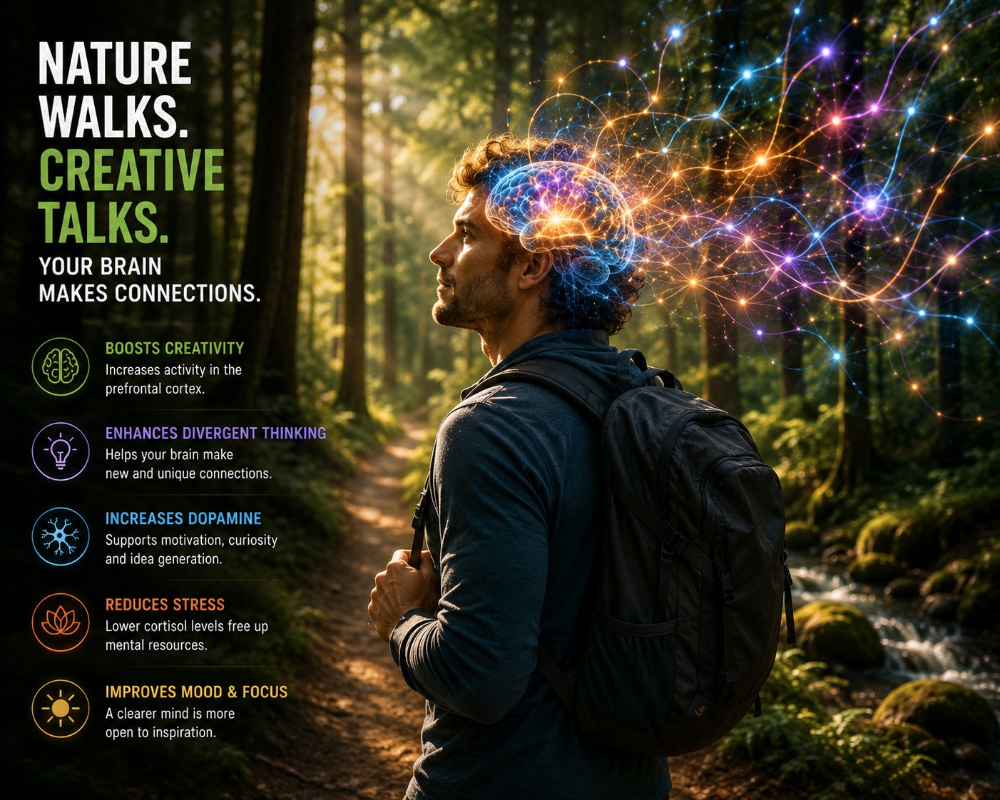 Person walking through a forest while creative neural pathways illuminate around the brain — nature walks, creative talks.