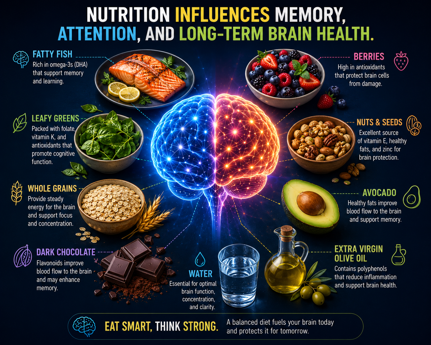 Nutrition influences memory, attention and long-term brain health.