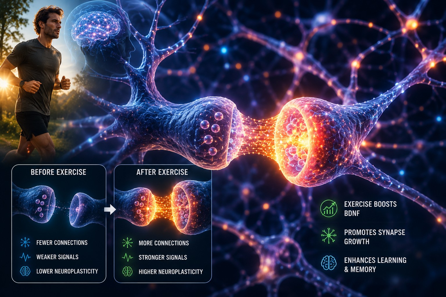 Close-up illustration of neurons forming stronger synaptic connections after exercise, with glowing neural networks comparing before- and after-exercise states.