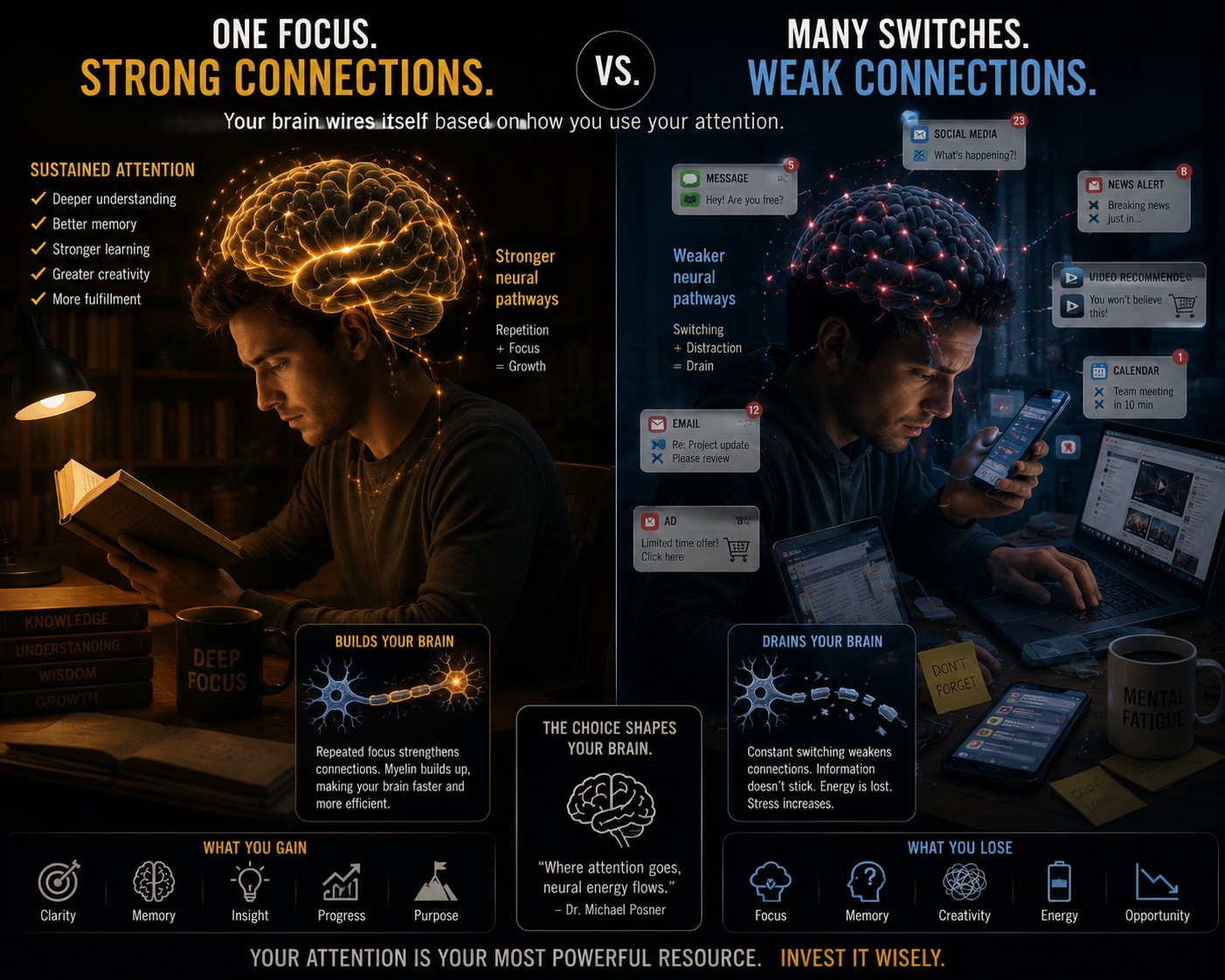 One focus, many switches — sustained attention builds strong neural pathways, while constant switching weakens them.