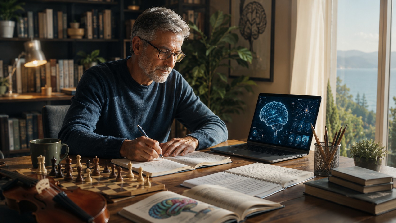 An older adult actively learning at a desk, surrounded by a language notebook, a musical instrument, books, a chessboard, and a laptop displaying a science lesson.